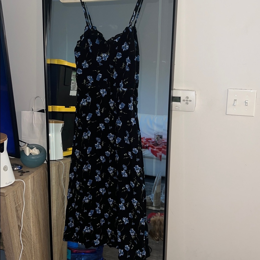 Reformation Black Dress with Blue Floral Design